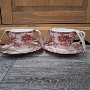 New Set of 2 Bird Floral Teacup & Saucers by 222 Fifth: Burgundy Red